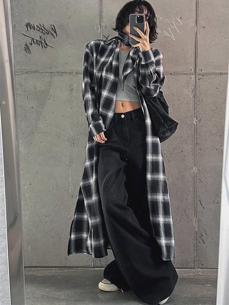 柄シャツ 柄シャツ 流麗モダンロングチェックシャツ
