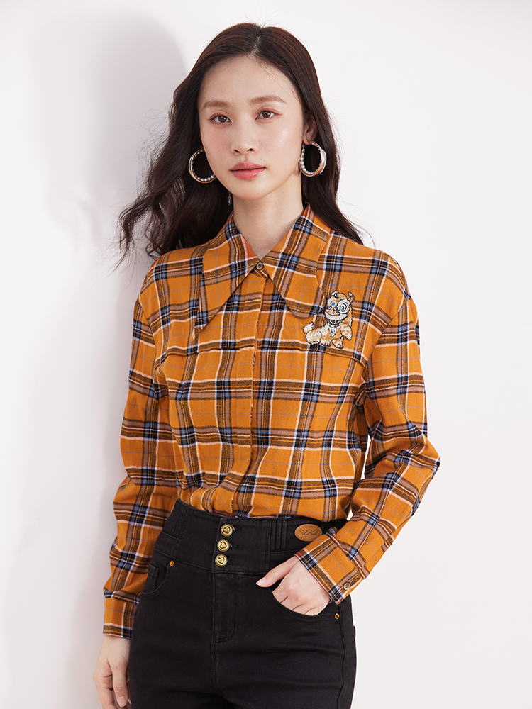 柄シャツ 柄シャツ クマ刺繍入り格子模様シャツ