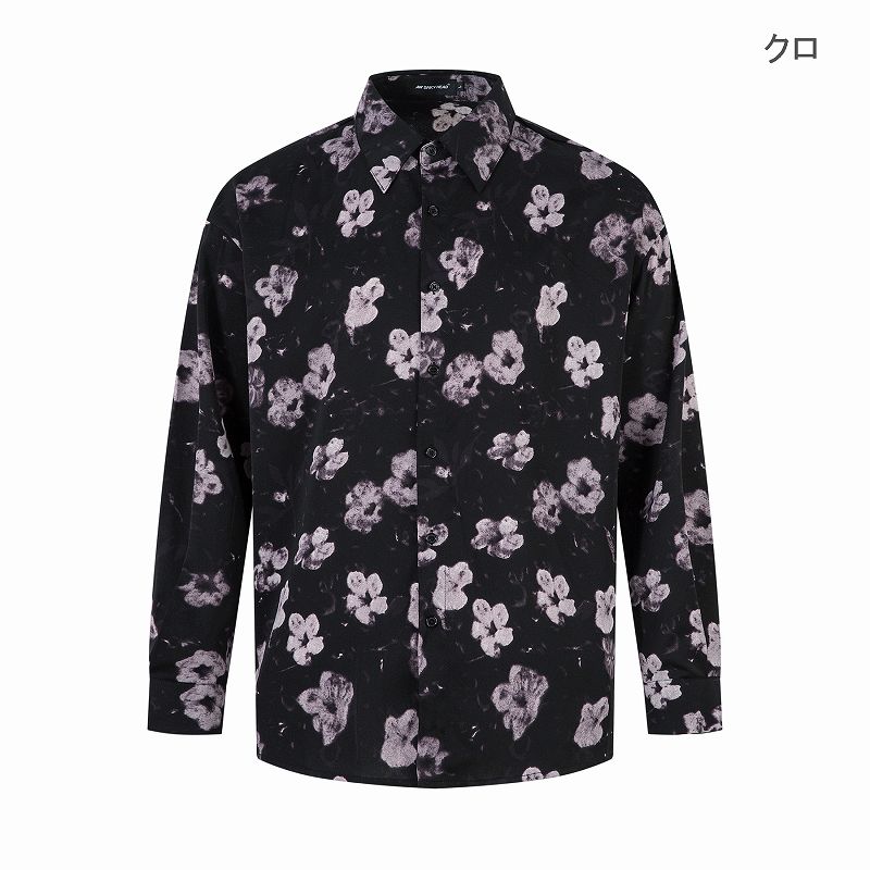 柄シャツ 黒地花柄長袖シャツ男女兼用春秋新作