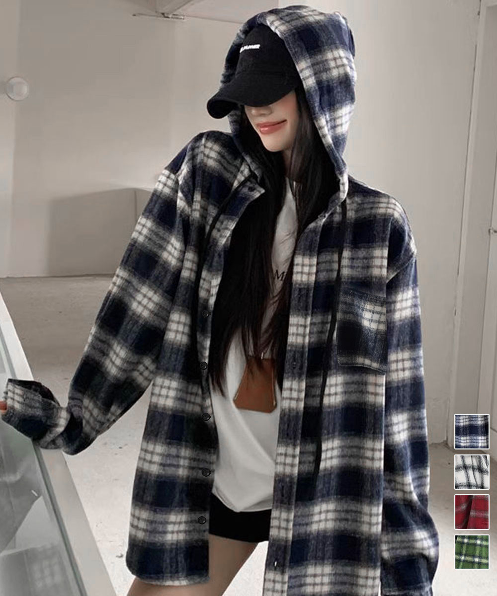 フード付きチェック柄シャツ レディース秋冬