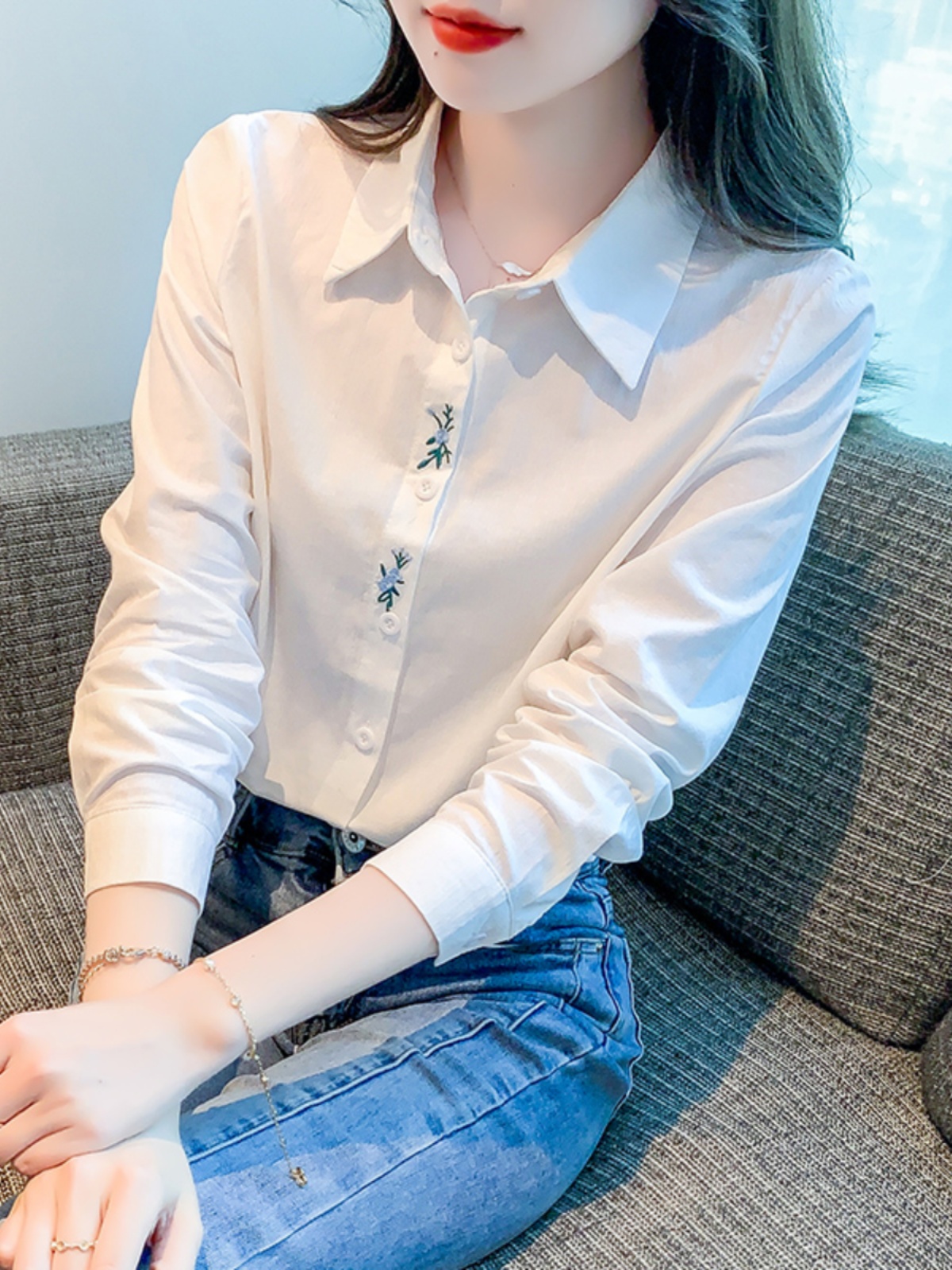 柄シャツ 柄シャツ リーフ刺繍 蛇行デザインシャツ