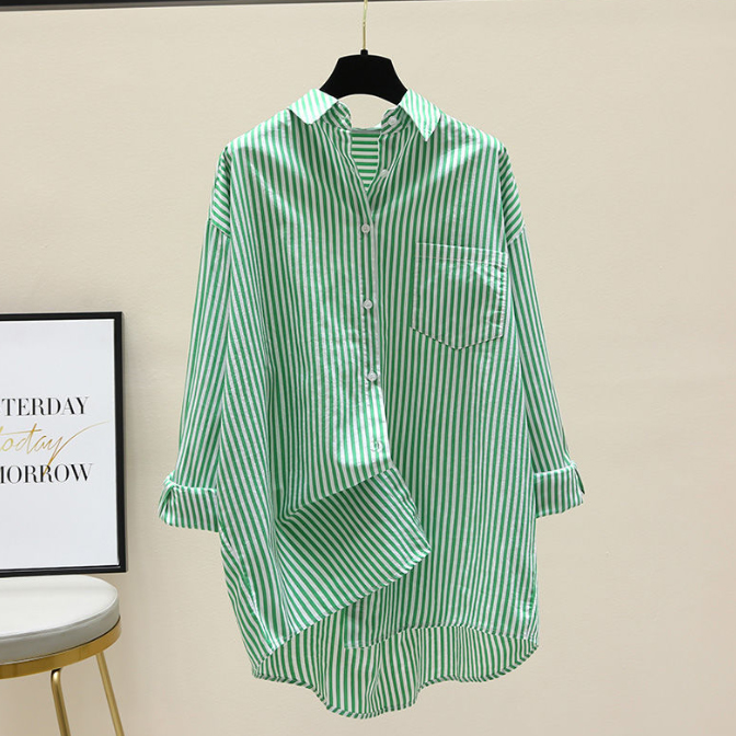 白柄シャツ ストライプ長袖ブラウス 体型カバーロング丈