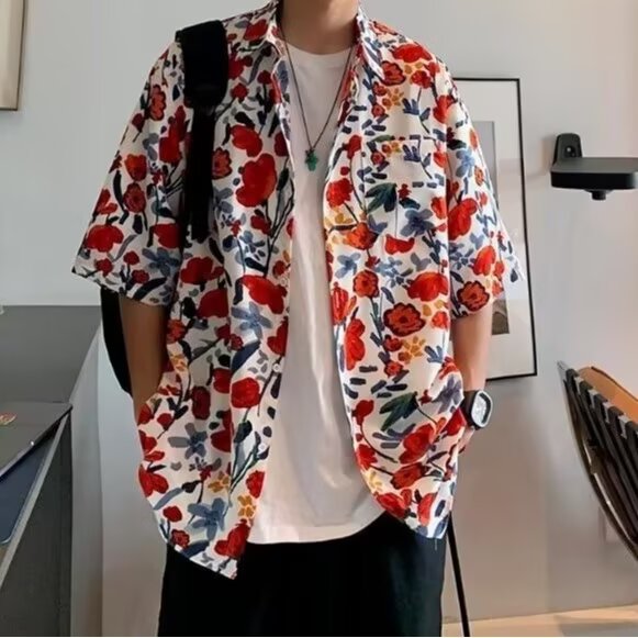 柄シャツ 花園散歩 ゆったり半袖シャツ