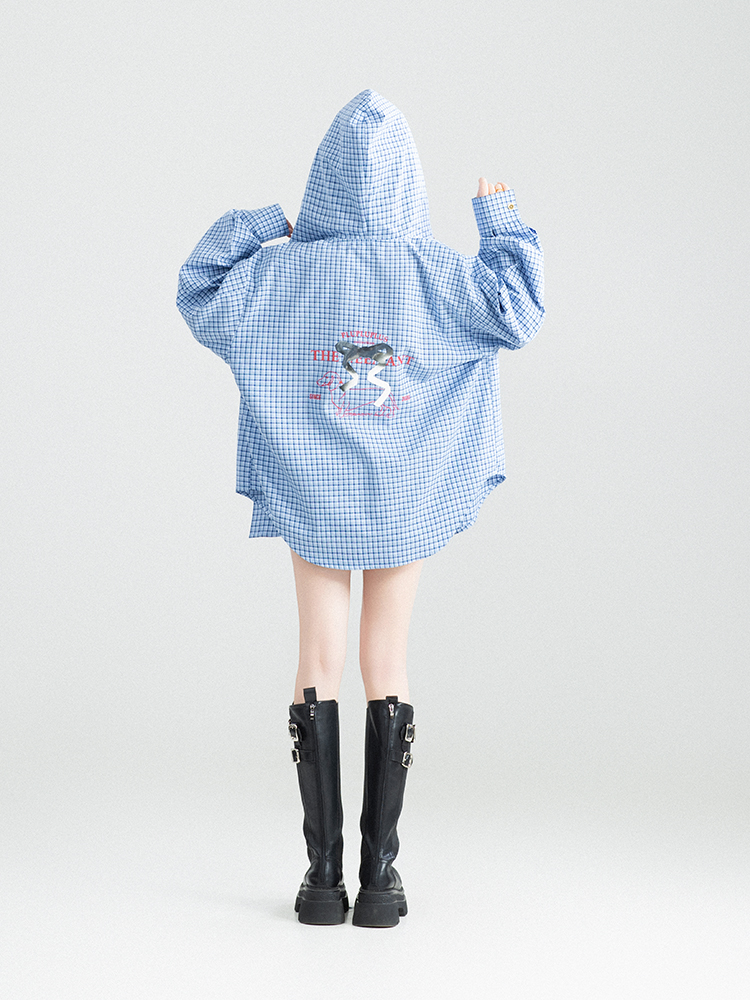 柄シャツ フード付きチェック格子柄シャツ