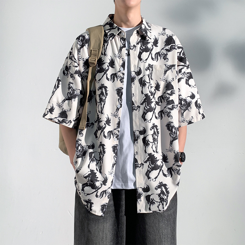 柄シャツ 和風龍柄総柄開襟五分袖シャツ