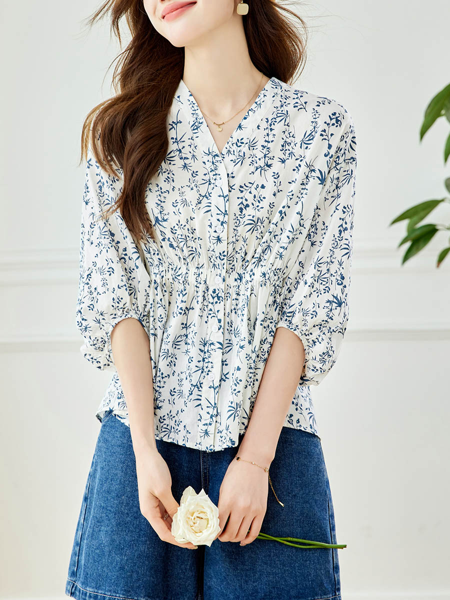柄シャツ 涼花草模様 七分袖ふんわりブラウス