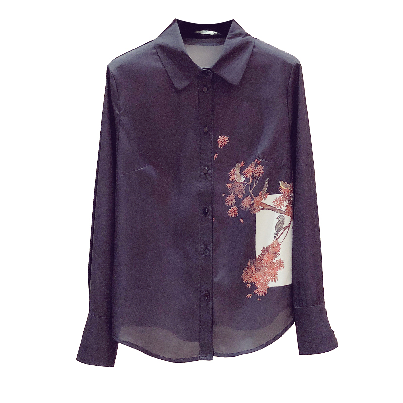 柄シャツ 花舞う枝模様シルクブラウス