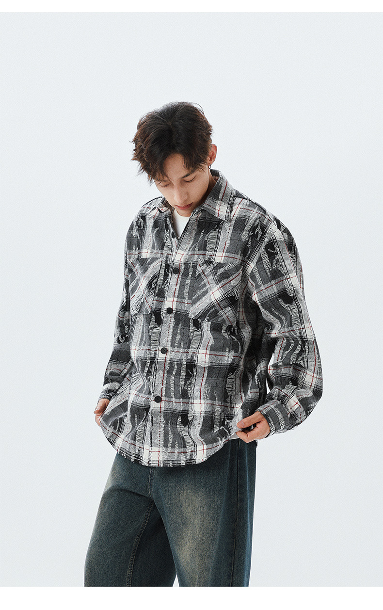 メンズ ダメージ加工 チェック柄シャツ 男女兼用 春秋
