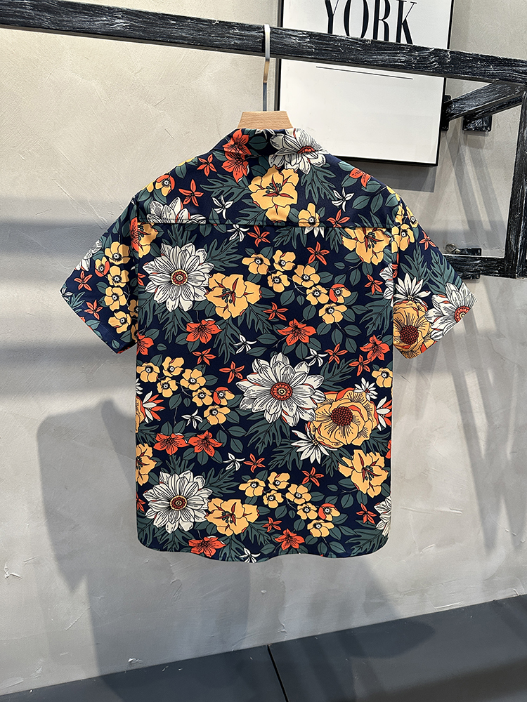 柄シャツ 華やか菊花ボタニカル半袖シャツ