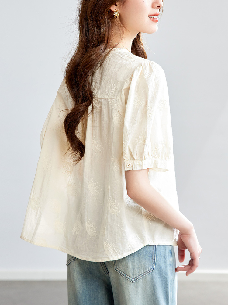 柄シャツ 優美な刺繍レースブラウス