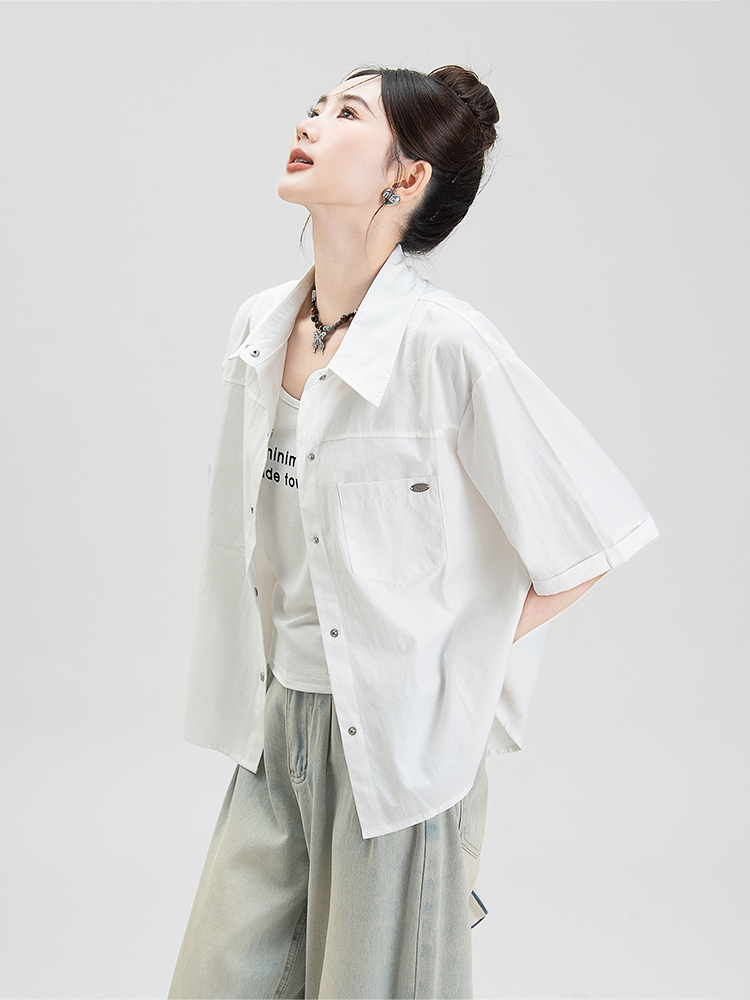 柄シャツ シンプル五分袖ベーシックシャツ