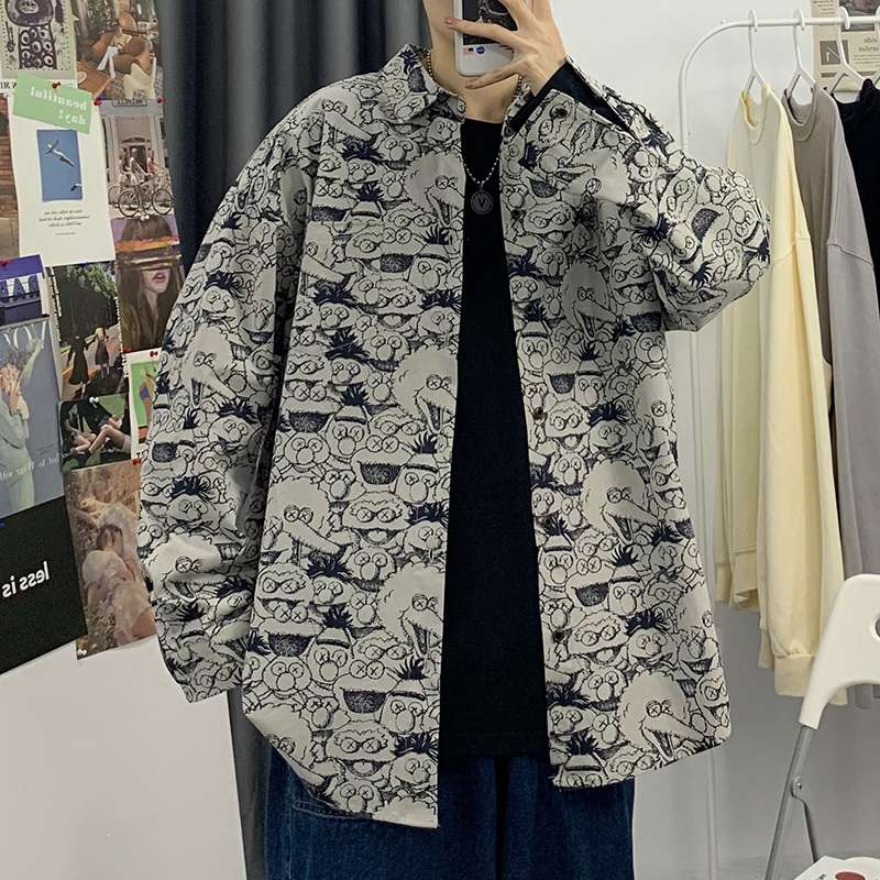 総柄シャツ カジュアル動物キャラクター総柄オーバーシャツ
