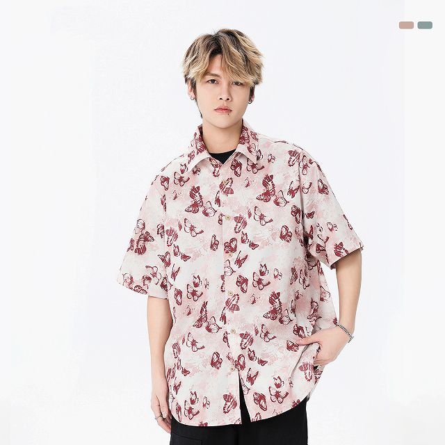 柄シャツ 蝶々柄半袖シャツ 男女兼用 春夏新作