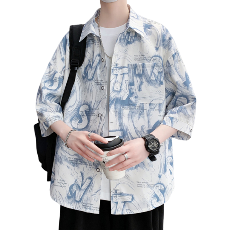 柄シャツ 墨書アートデザイン七分袖シャツ