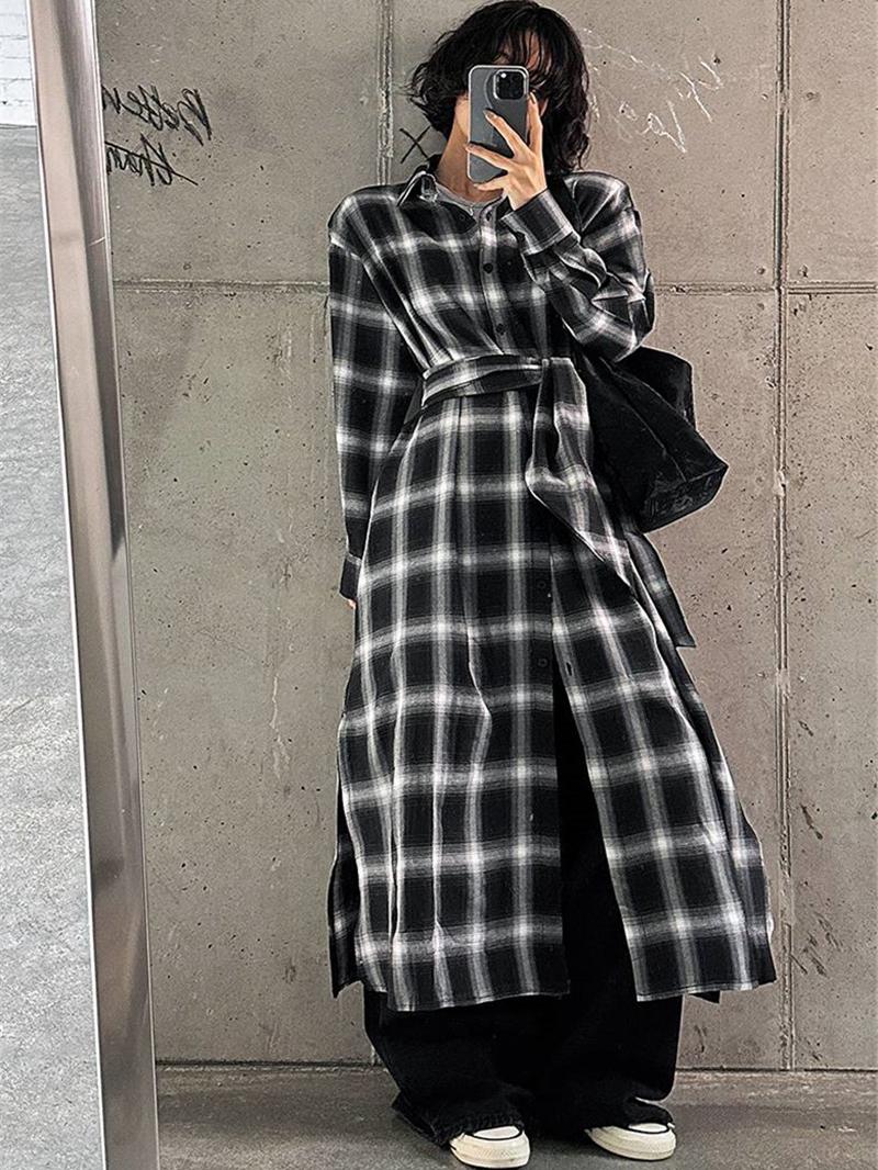 柄シャツ 柄シャツ 流麗モダンロングチェックシャツ