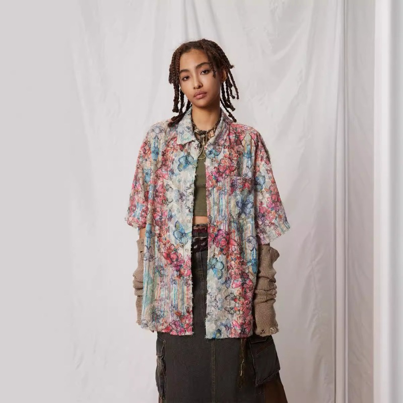 柄シャツ 花柄プリント半袖カジュアルシャツ