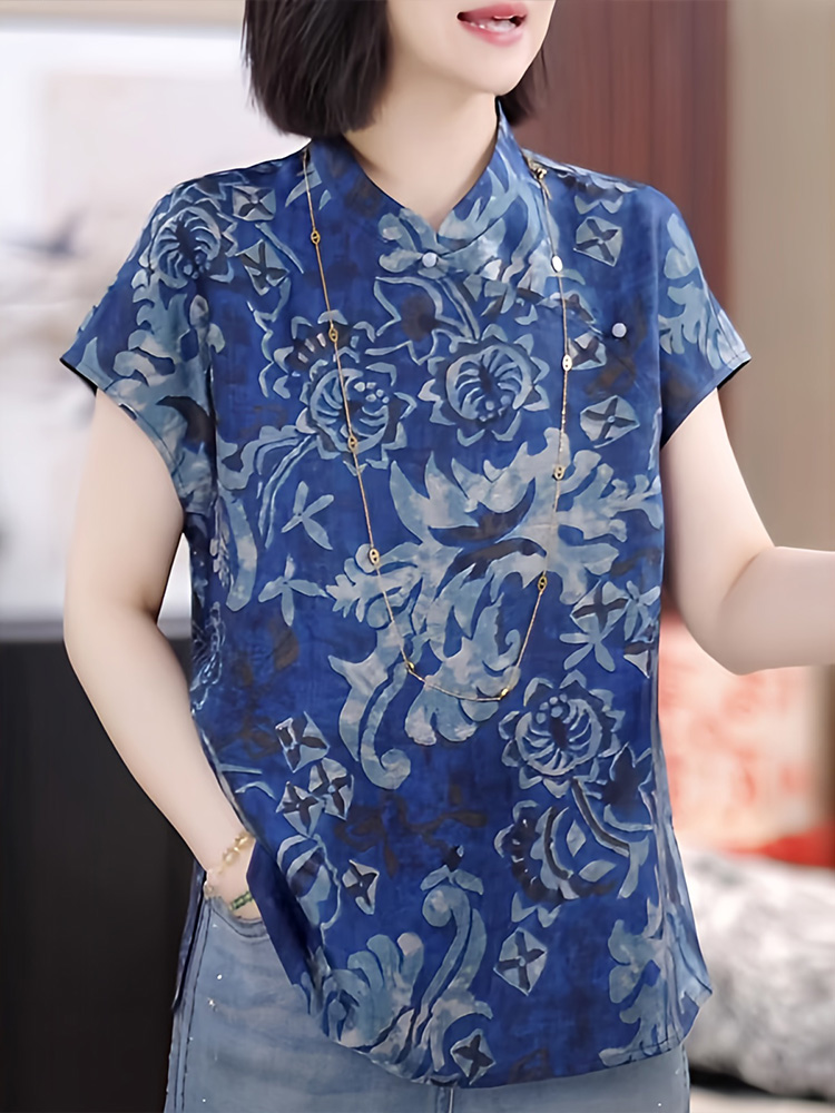 柄シャツ 優雅な薔薇模様スタンドカラーシャツ