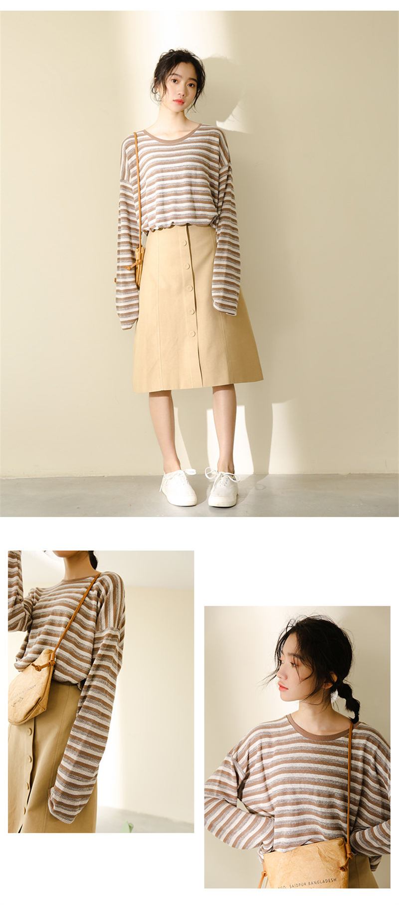 韓国風おしゃれ白柄シャツ カジュアルボーダートップス