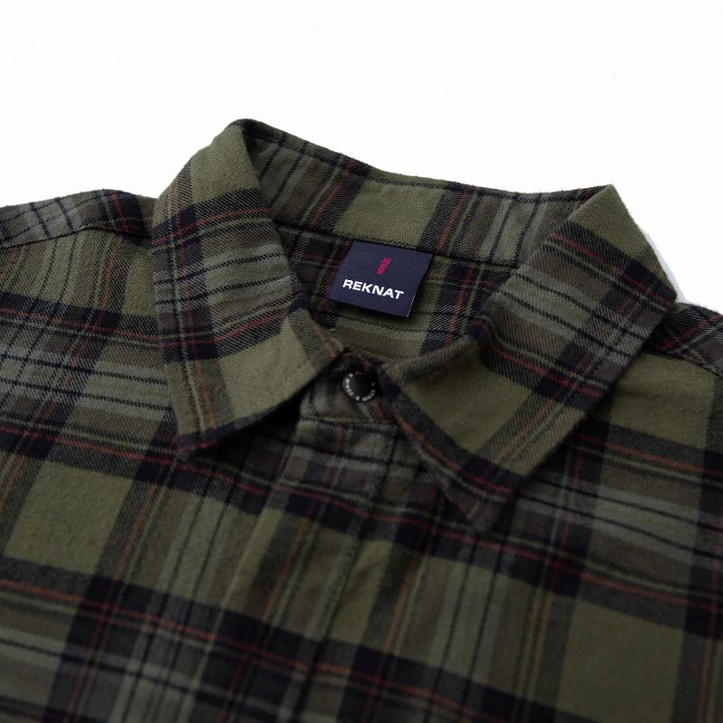 男女兼用チェック柄シャツ カーキ系秋冬カジュアル