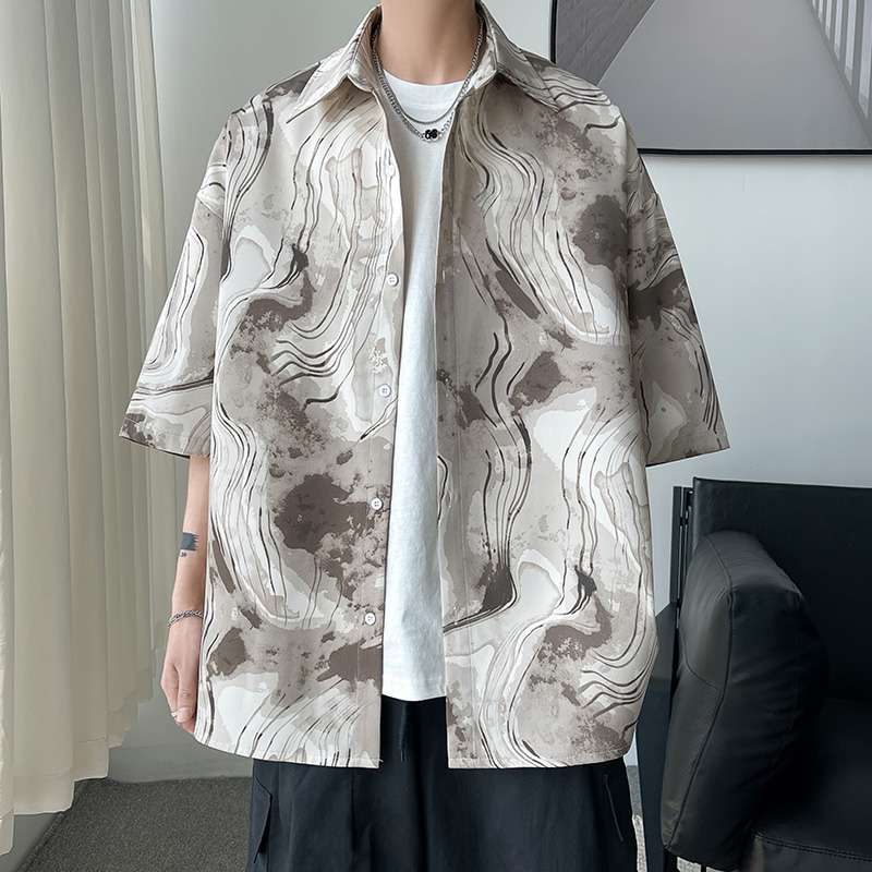 総柄シャツ マーブル波紋総柄半袖シャツ