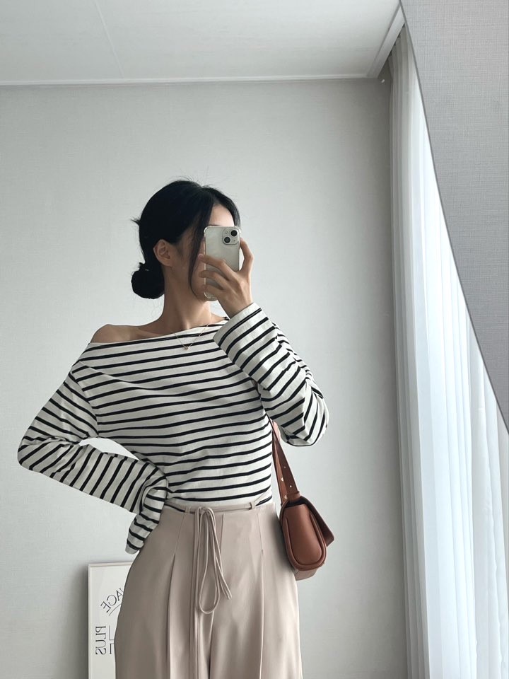 韓国風おしゃれボーダー白柄シャツ オフショルダートップス