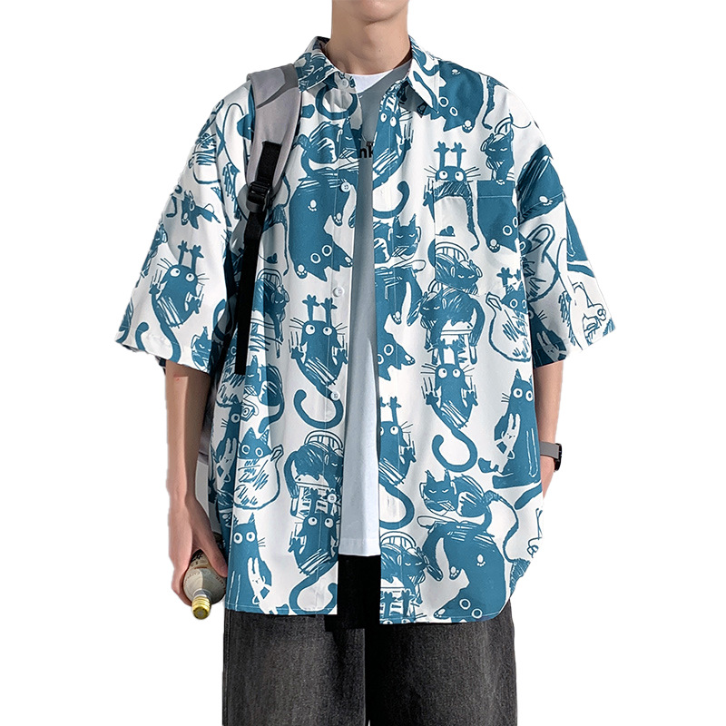 柄シャツ 和風妖怪総柄プリント開襟五分袖シャツ