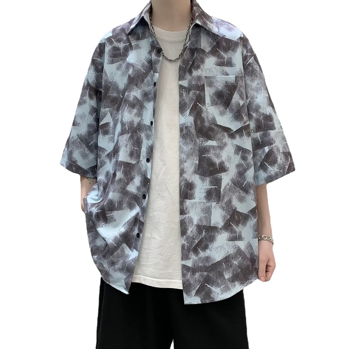 柄シャツ 抽象タイル風幾何学模様開襟五分袖総柄シャツ