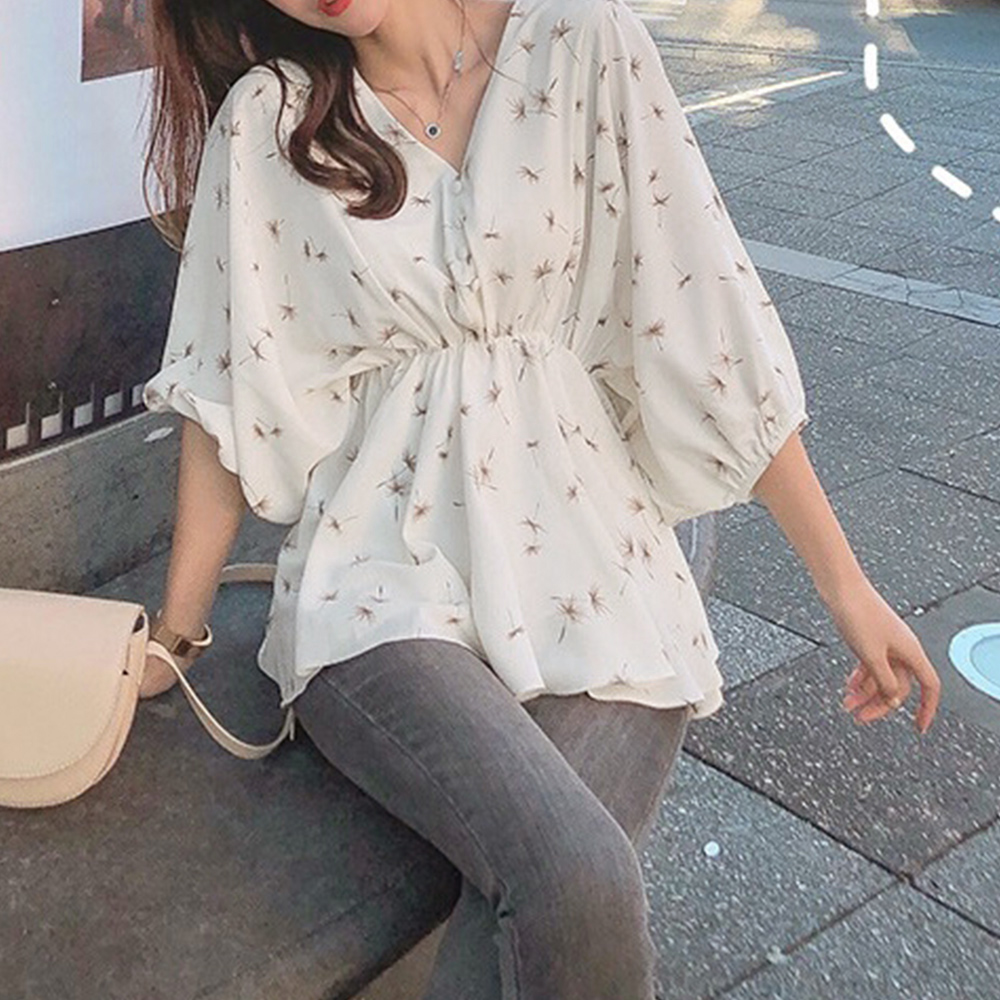 たんぽぽ柄 フレアシャツブラウス 夏服 花柄シャツ