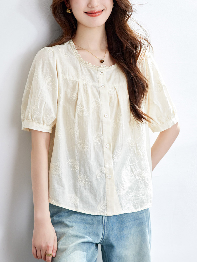 柄シャツ 優美な刺繍レースブラウス