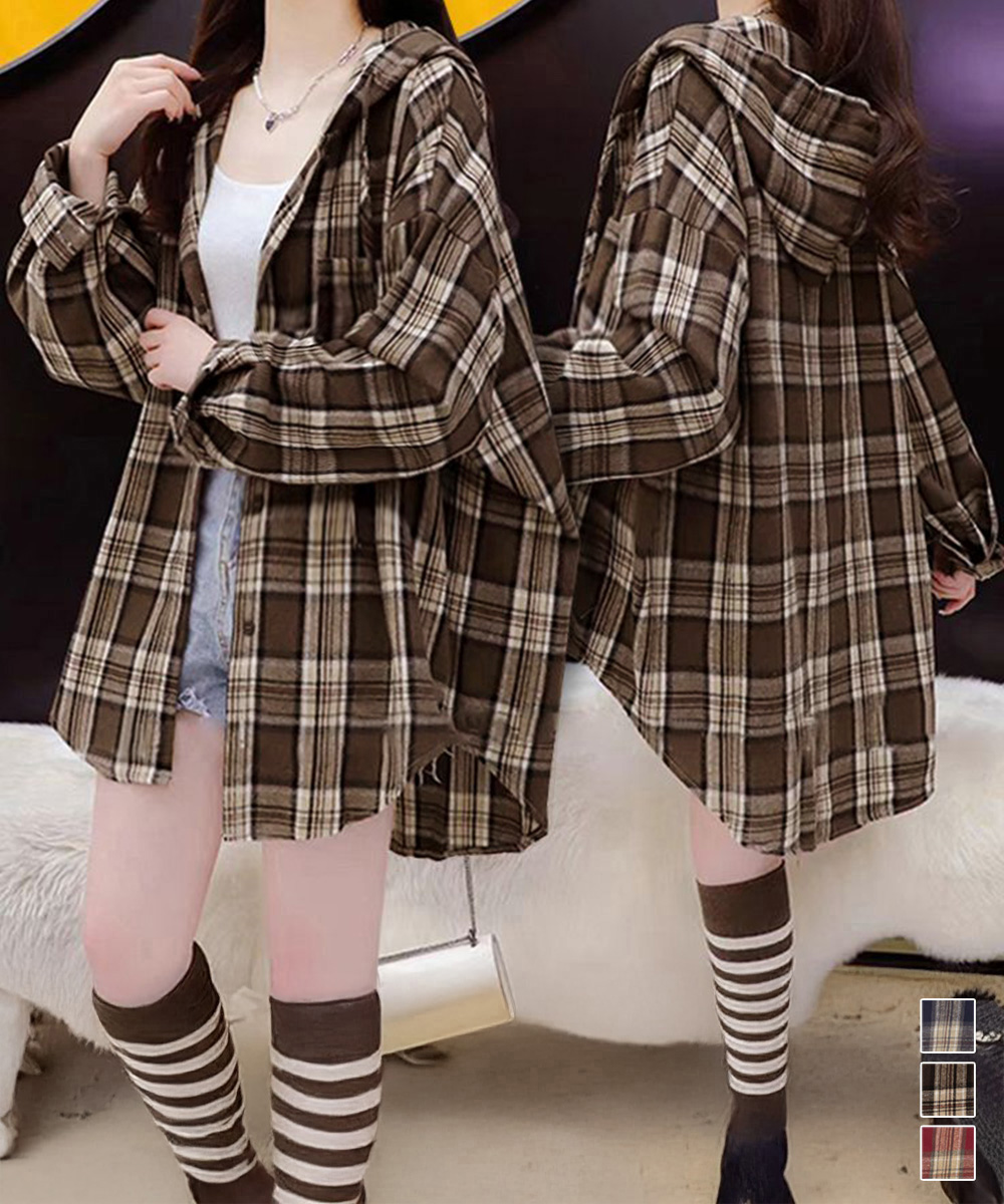 フード付きチェック柄シャツ ゆったり羽織り