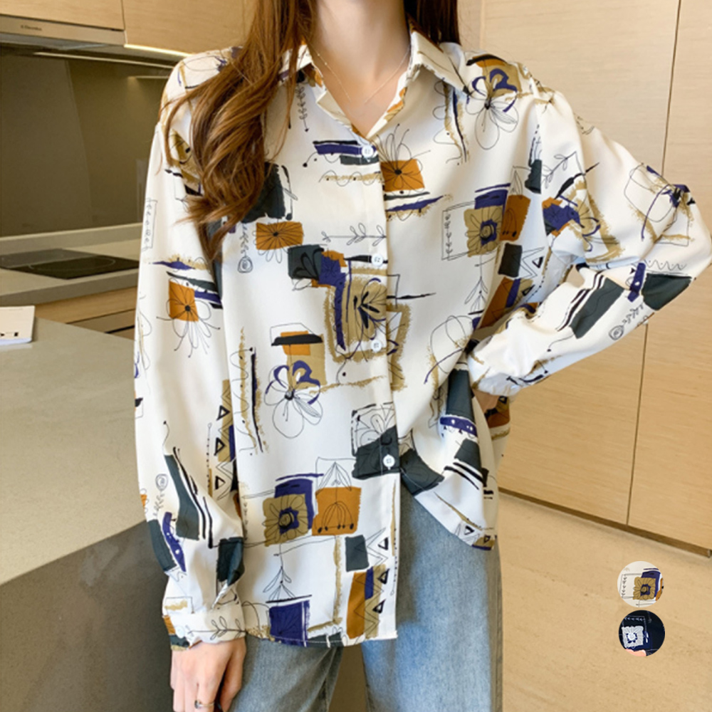 アート風総柄シャツ ゆったり長袖ブラウス