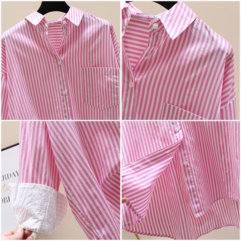 白柄シャツ ストライプ長袖ブラウス 体型カバーロング丈