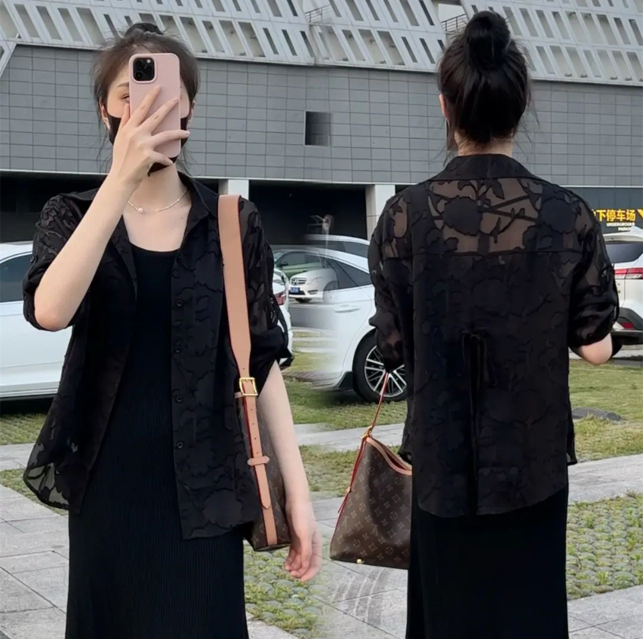 柄シャツ 花影レースバックリボンシャツ