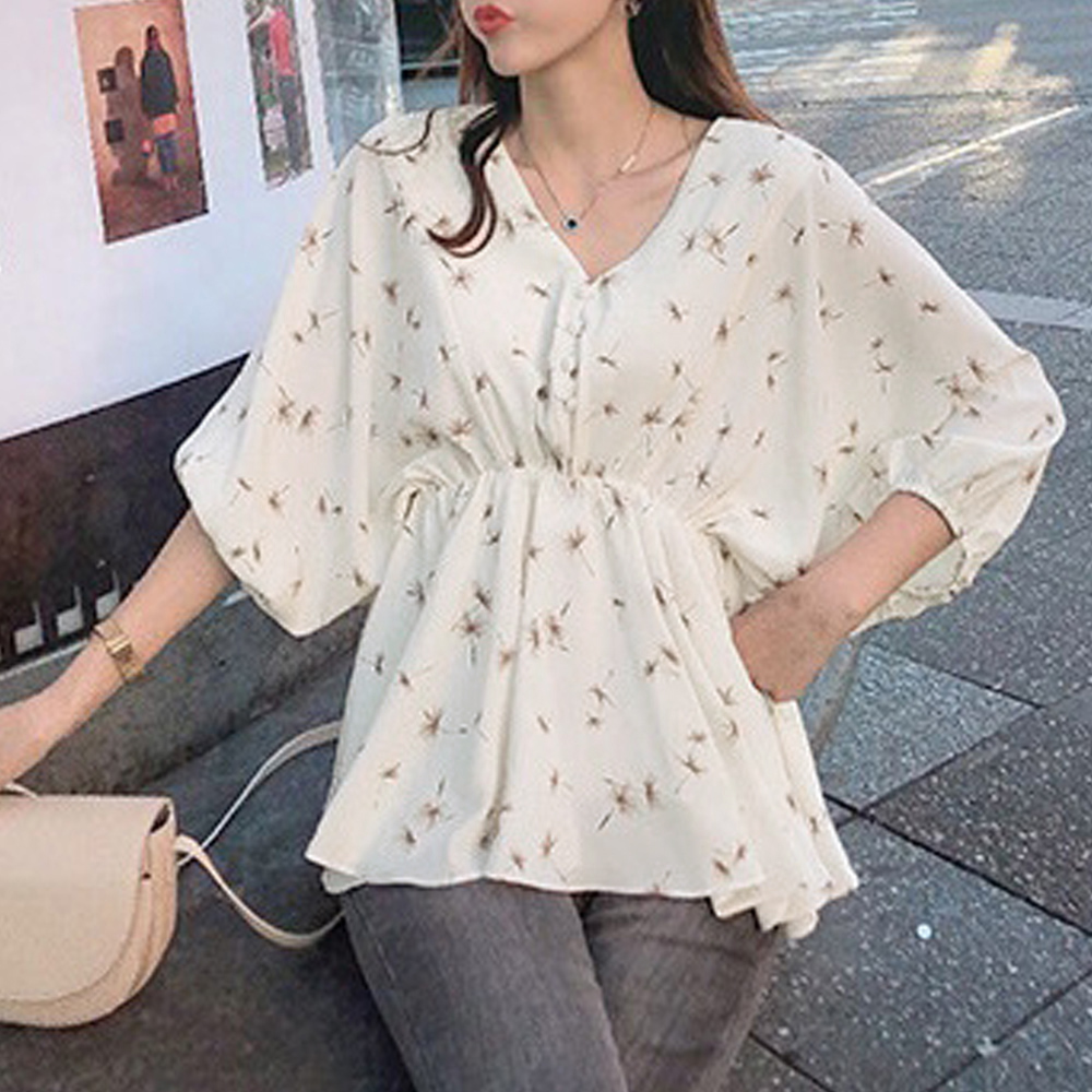 たんぽぽ柄 フレアシャツブラウス 夏服 花柄シャツ
