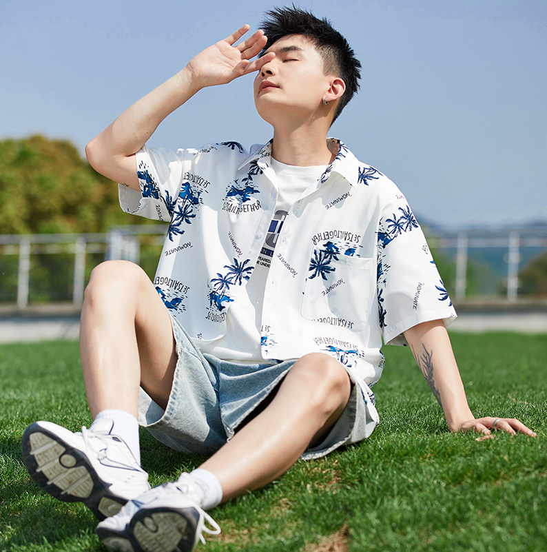 柄シャツ 南国やしの木プリント半袖シャツ