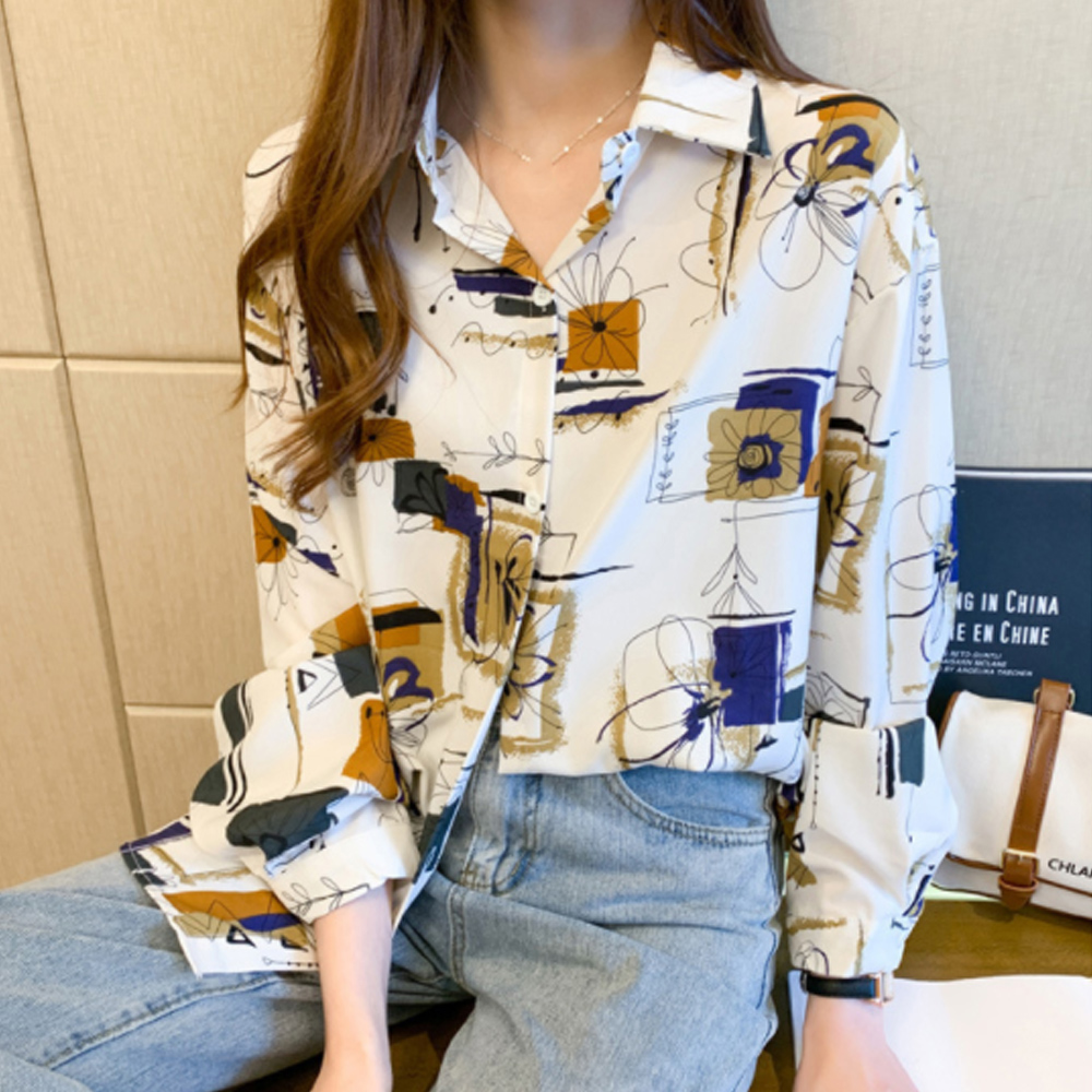 アート風総柄シャツ ゆったり長袖ブラウス