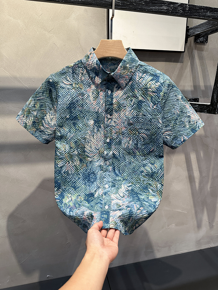 柄シャツ 水彩花園メッシュ半袖シャツ