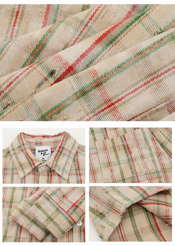 柄シャツ ダメージ加工チェック柄長袖シャツ男女兼用