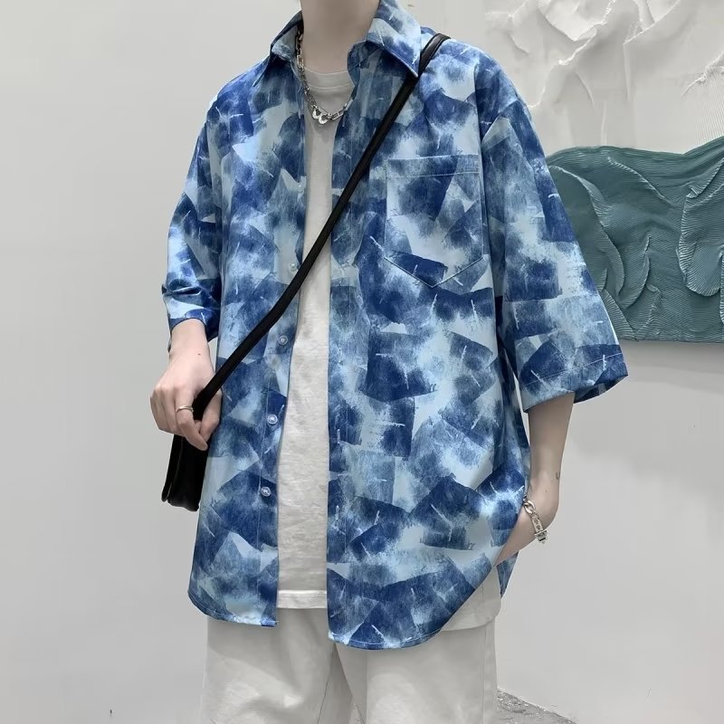 柄シャツ 抽象タイル風幾何学模様開襟五分袖総柄シャツ