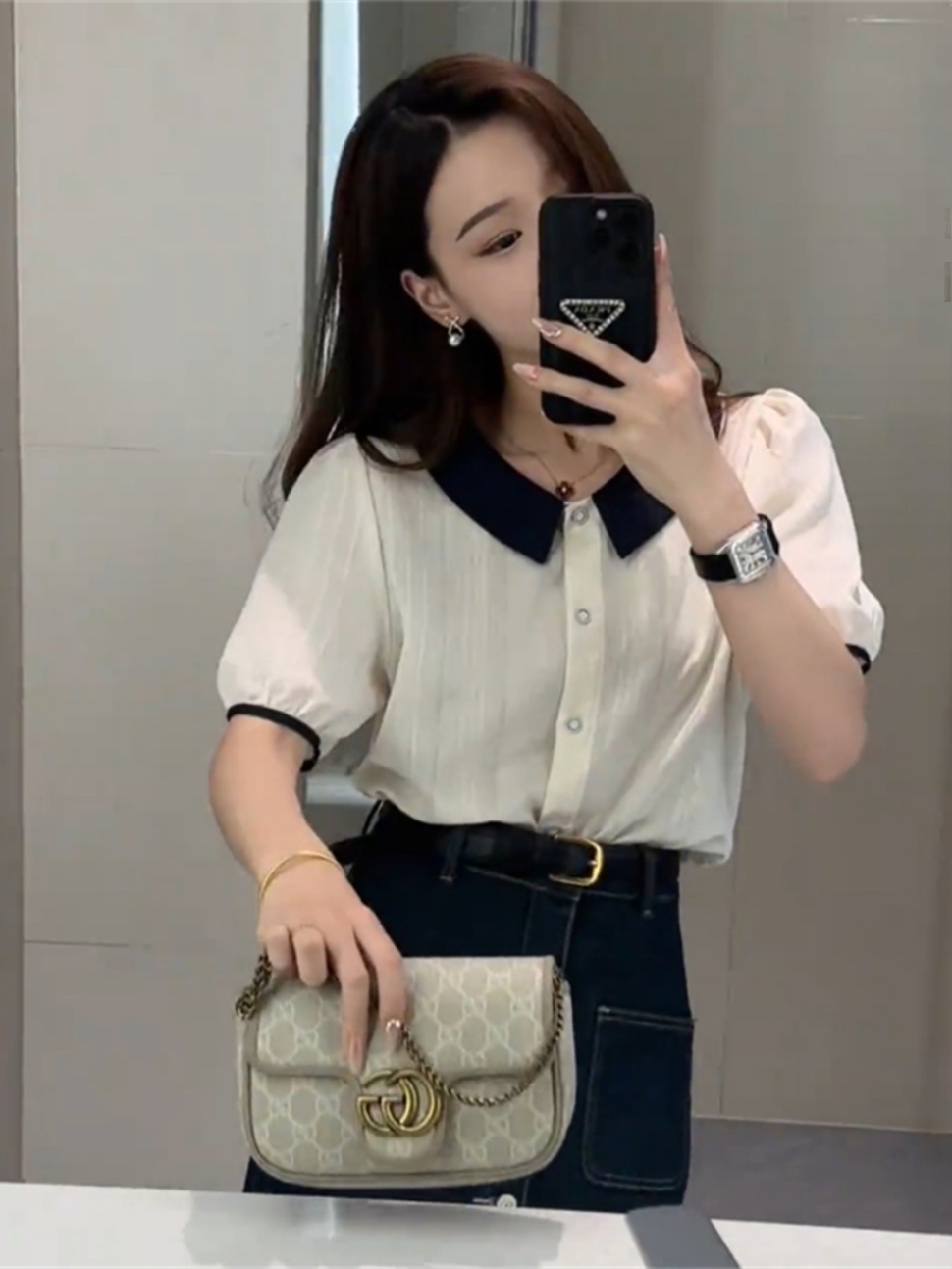 柄シャツ 優雅な襟付きストライプブラウス