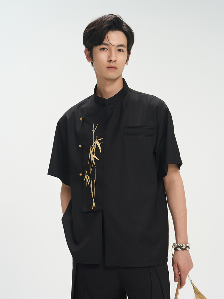 柄シャツ 竹刺繍入り立襟スタイリッシュシャツ