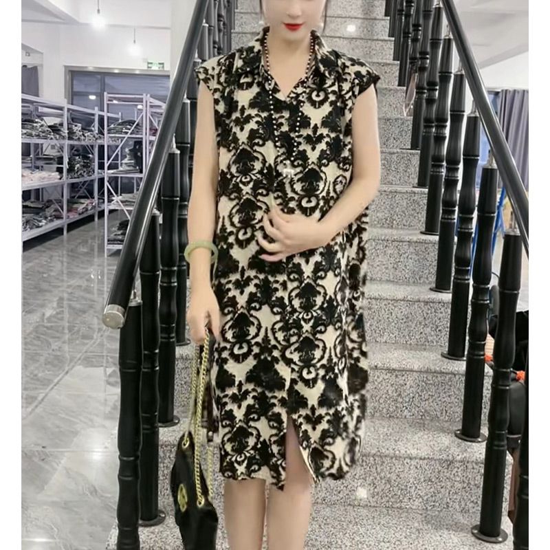 柄シャツ 芸術的水玉ノースリーブシャツワンピース