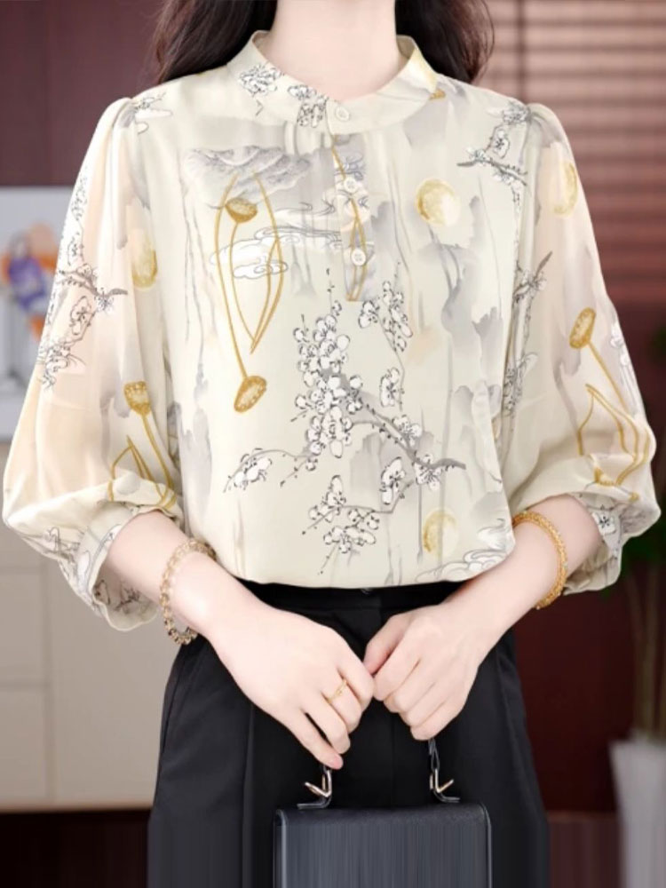柄シャツ 桜花と蓮の印象画バルーンシャツ