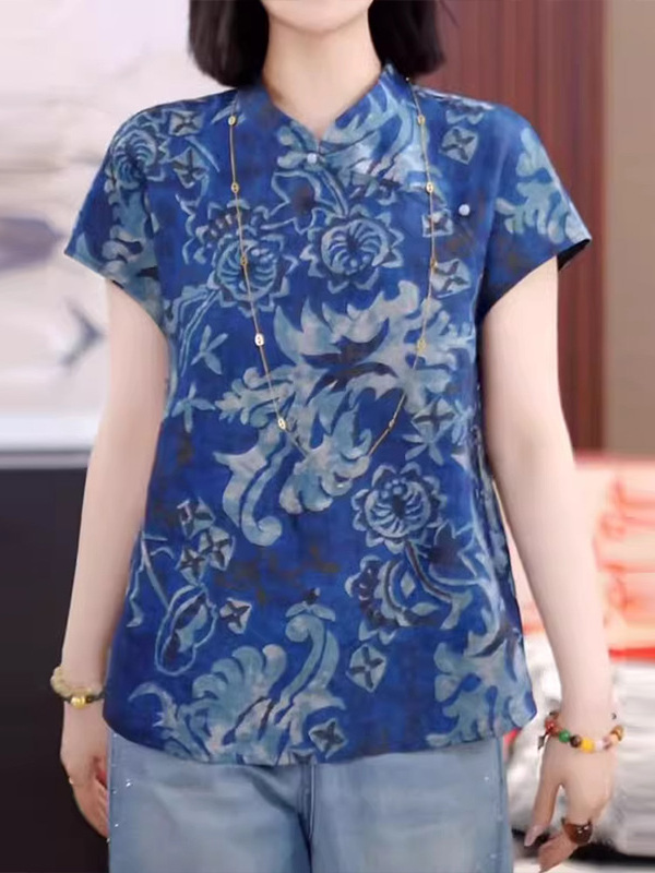 柄シャツ 優雅な薔薇模様スタンドカラーシャツ
