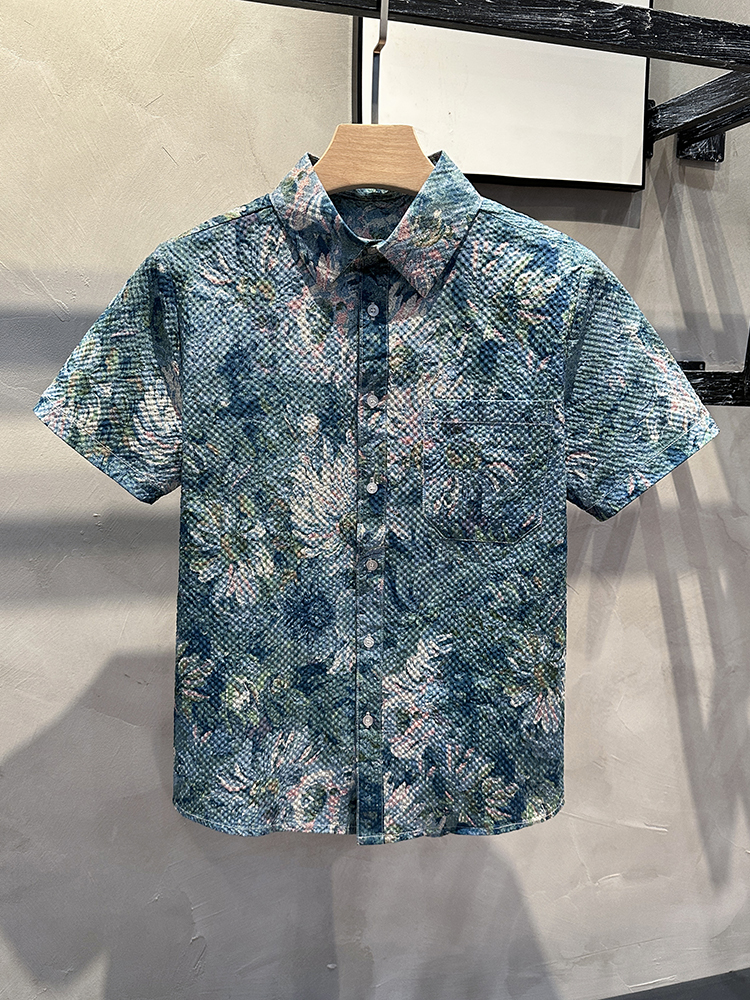 柄シャツ 水彩花園メッシュ半袖シャツ