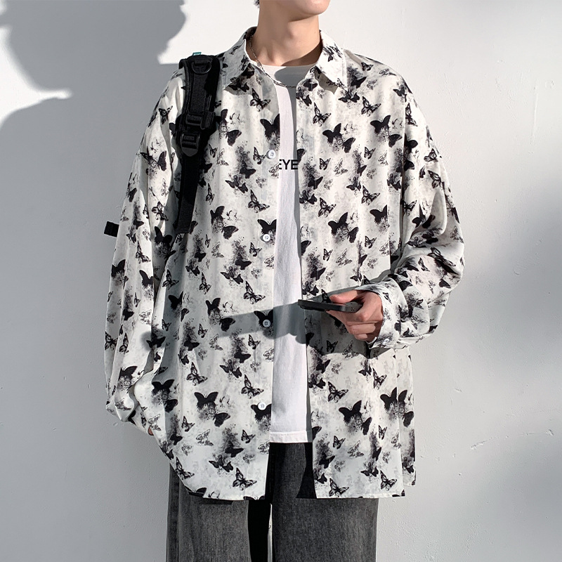 柄シャツ 蝶々舞う総柄長袖開襟シャツ