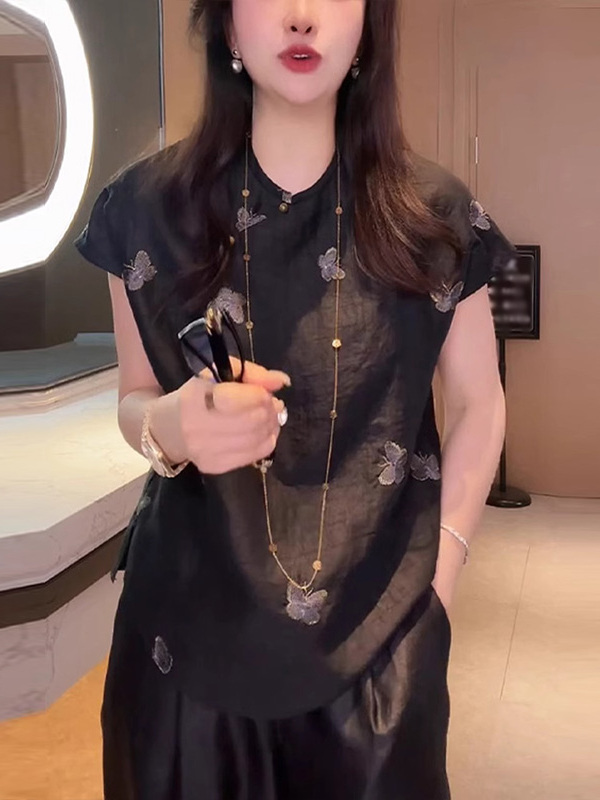 柄シャツ 舞い踊る蝶々柄チャイナトップス