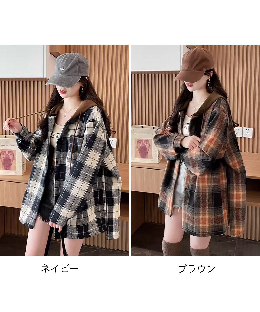 チェック柄シャツ フード付き重ね着風 長袖羽織り チェック柄シャツ|柄