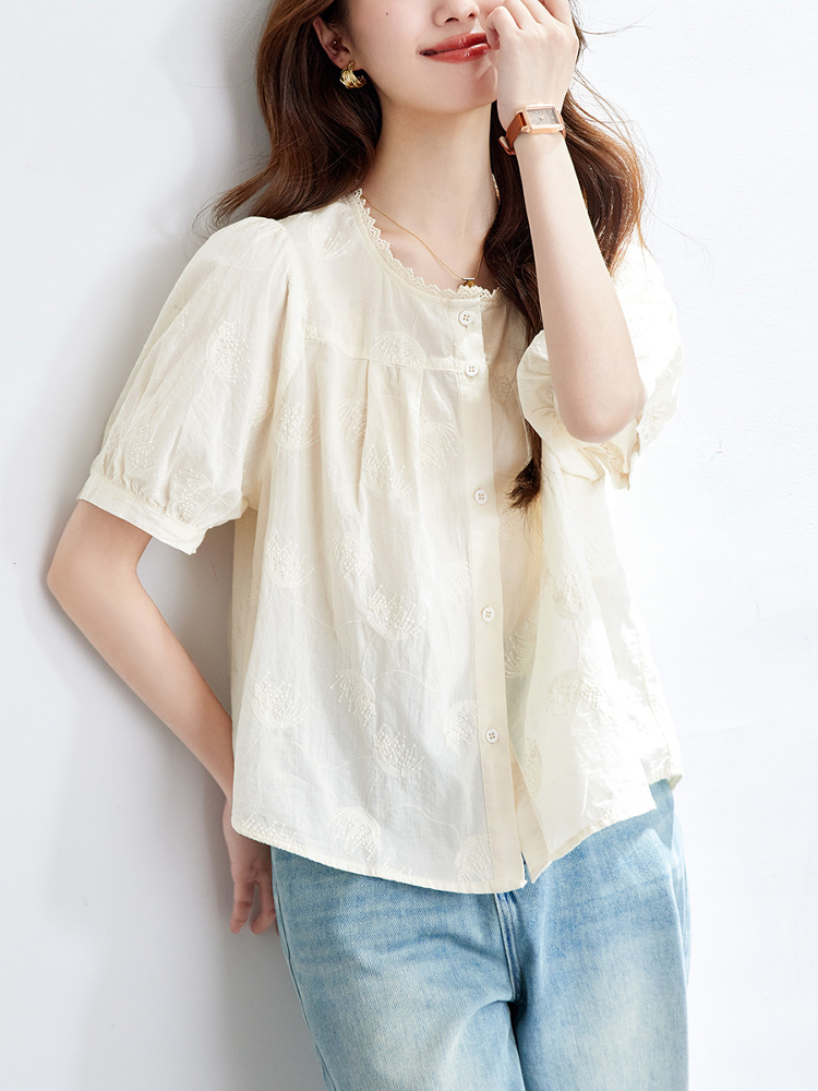 柄シャツ 優美な刺繍レースブラウス