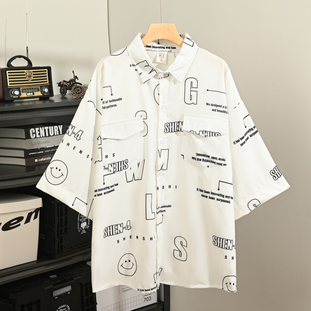 柄シャツ 文字とニコちゃんプリント半袖シャツ
